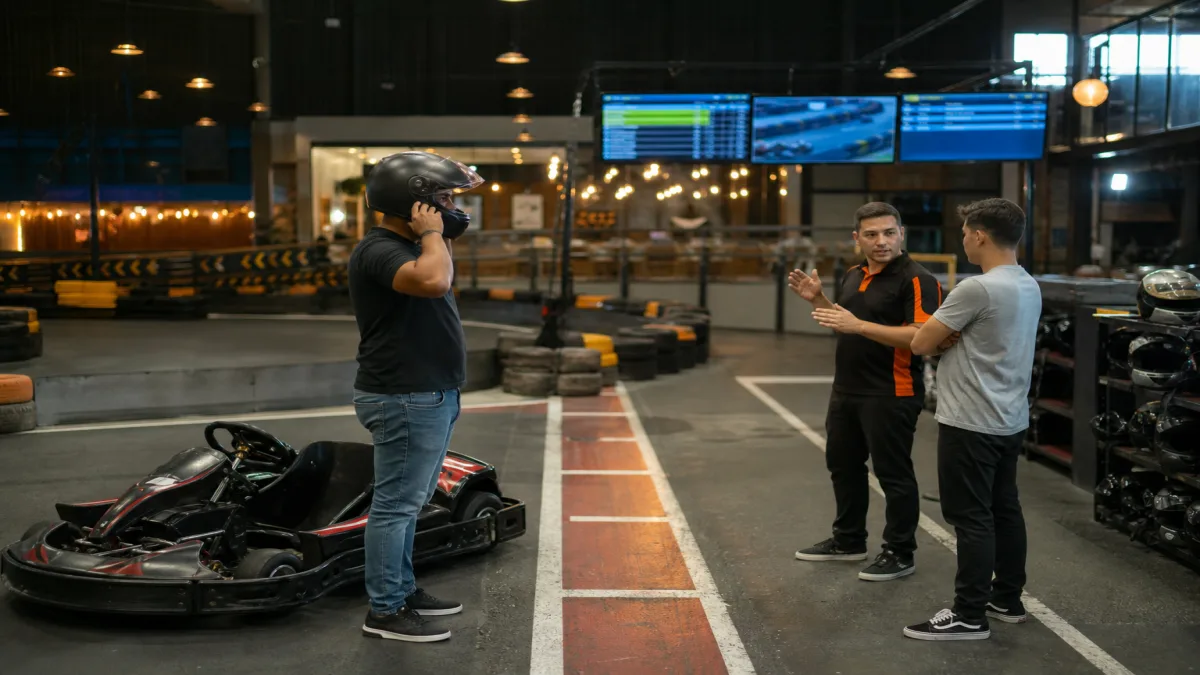 kart perto de mim: Grupo de pessoas se preparando para a corrida de kart em pista indoor, com monitores exibindo.