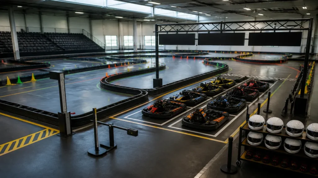 Momento de corrida infantil, categorias e duração da sessão durante atividade de kart para aniversário.
