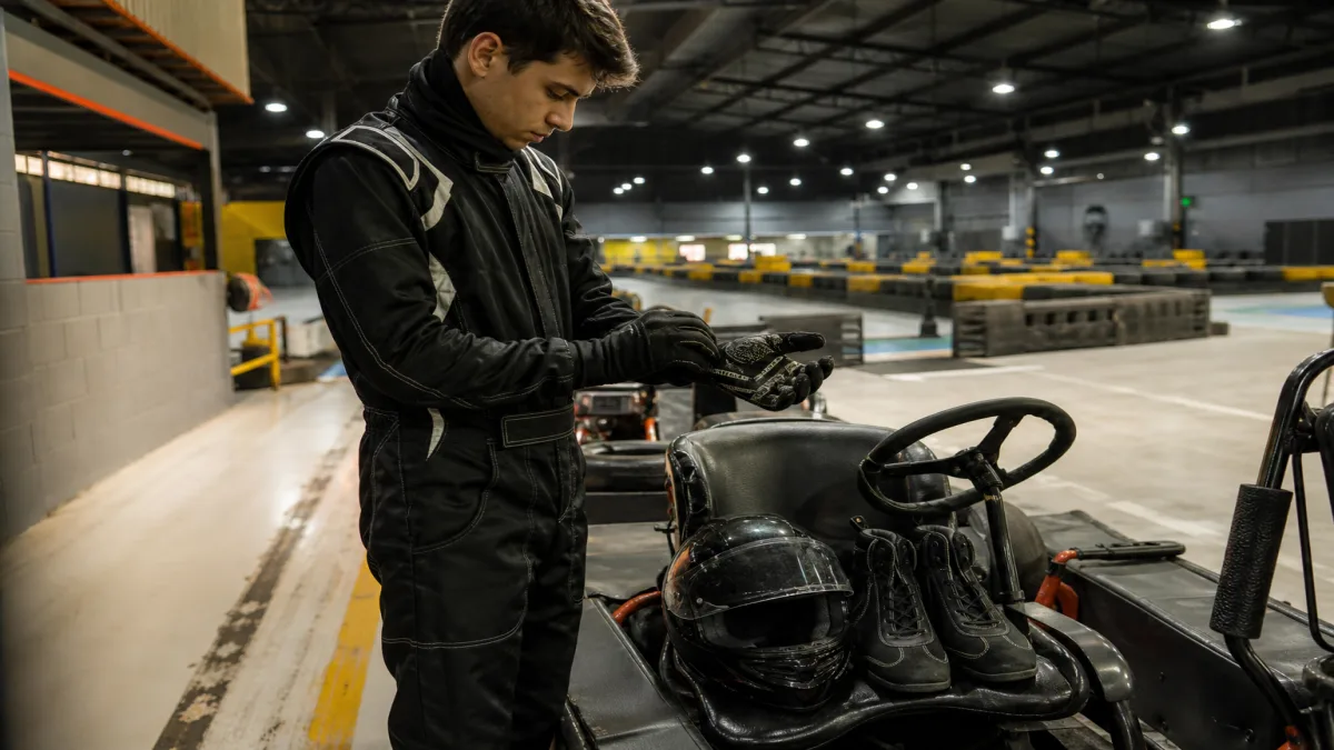 Piloto ajusta luvas e roupas de kart ao lado de capacete e botas em pista indoor de Santo André de roupas para kart.