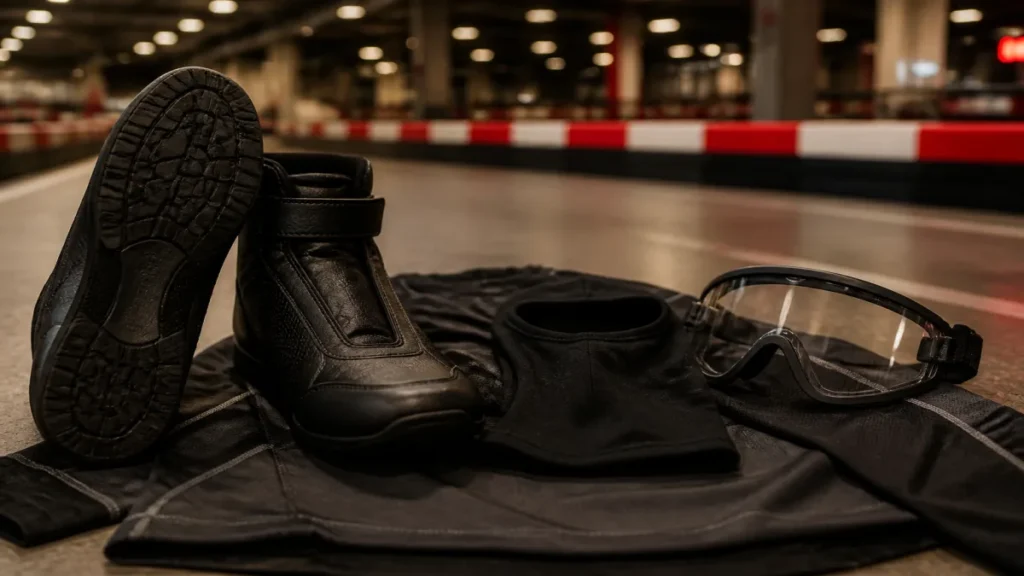 Detalhe prático de botas, balaclava, óculos e base de roupa completam os 7 itens aplicado a roupas para kart.