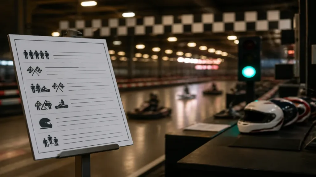 Detalhe prático de formato de bateria, regulamento e leitura dos tempos aplicado a kart para universitários.